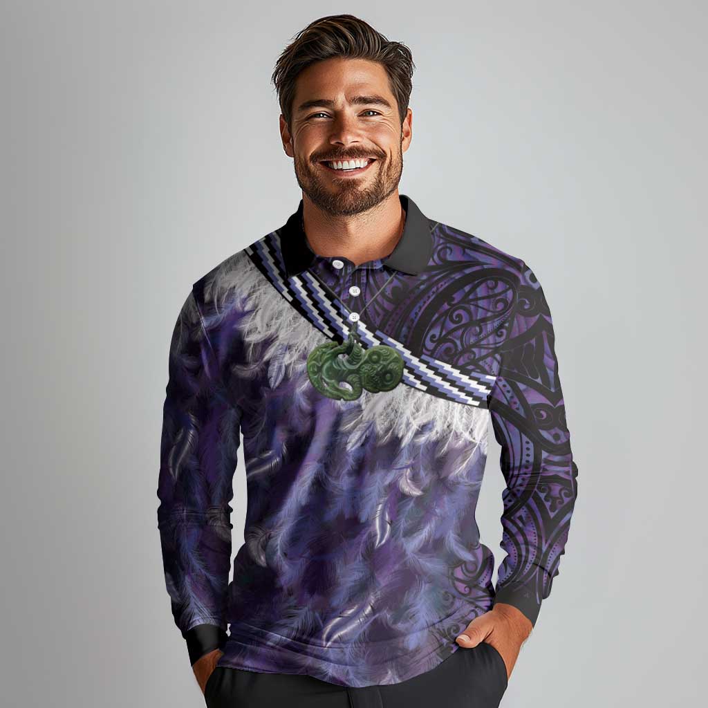 Purple Traditional Cloak Aotearoa Long Sleeve Polo Shirt Maori Paua Shell Korowai Pattern
