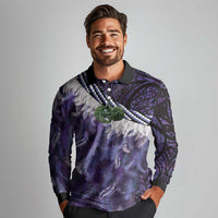 Purple Traditional Cloak Aotearoa Long Sleeve Polo Shirt Maori Paua Shell Korowai Pattern