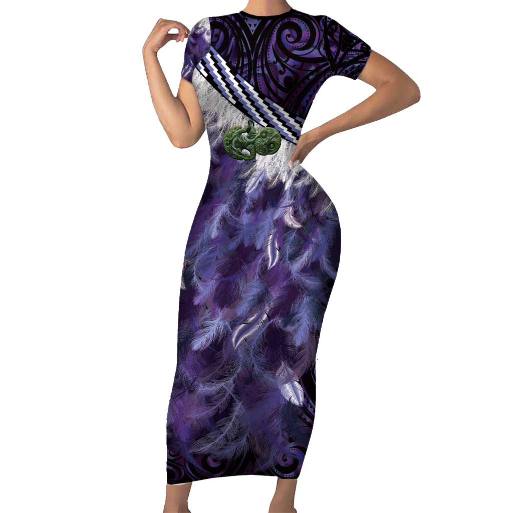 Purple Traditional Cloak Aotearoa Short Sleeve Bodycon Dress Maori Paua Shell Korowai Pattern