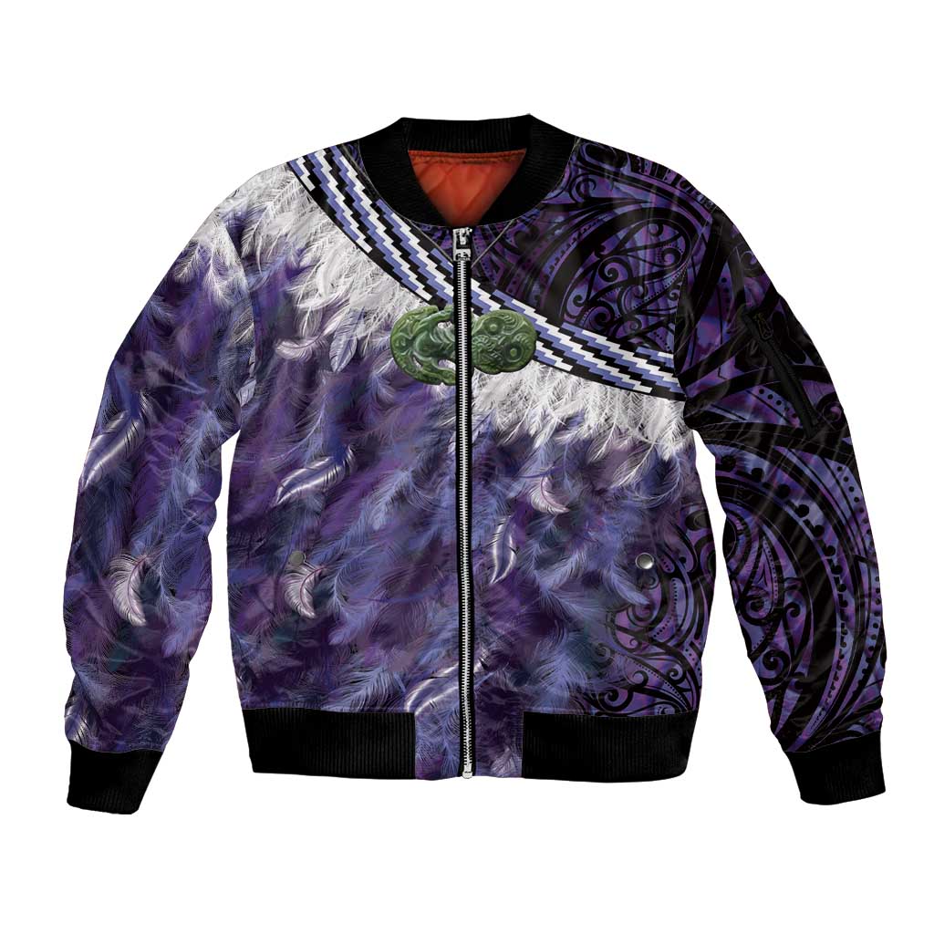 Purple Traditional Cloak Aotearoa Sleeve Zip Bomber Jacket Maori Paua Shell Korowai Pattern