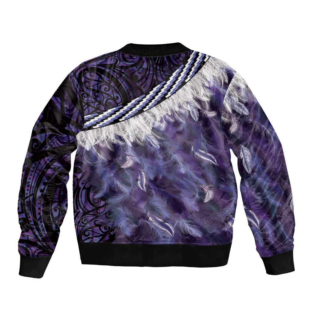 Purple Traditional Cloak Aotearoa Sleeve Zip Bomber Jacket Maori Paua Shell Korowai Pattern