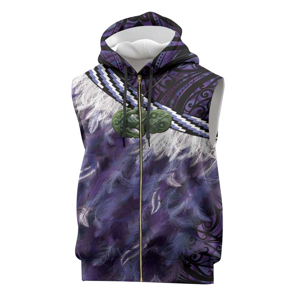 Purple Traditional Cloak Aotearoa Sleeveless Zip Hoodie Maori Paua Shell Korowai Pattern - Polynesian Pride