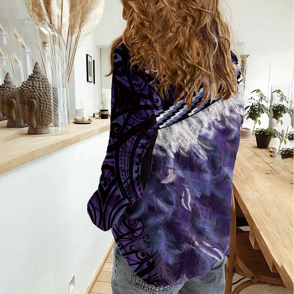 Purple Traditional Cloak Aotearoa Women Casual Shirt Maori Paua Shell Korowai Pattern