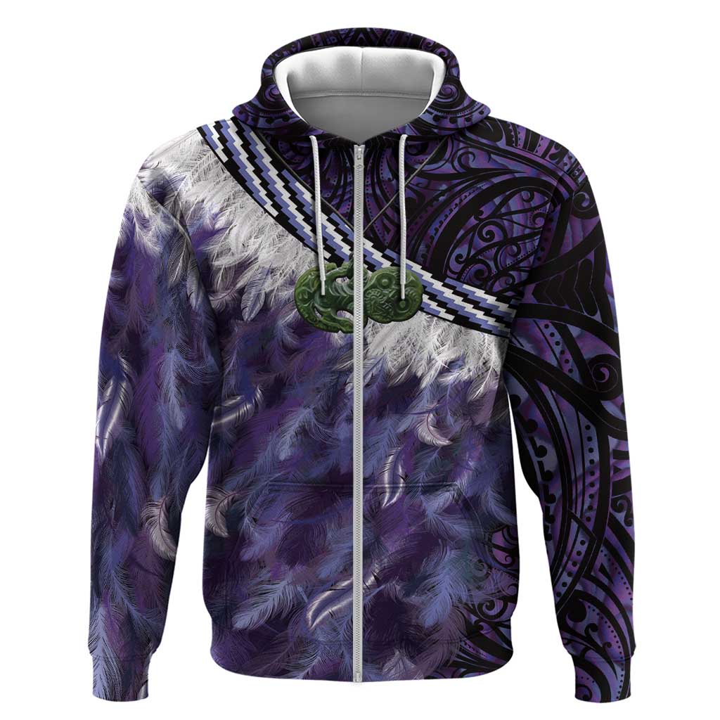 Purple Traditional Cloak Aotearoa Zip Hoodie Maori Paua Shell Korowai Pattern