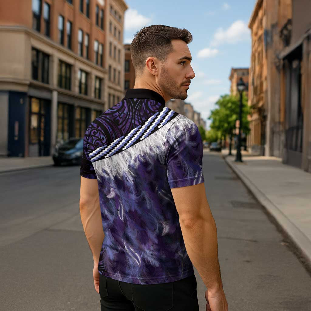 Purple Traditional Cloak Aotearoa Zipper Polo Shirt Maori Paua Shell Korowai Pattern - Polynesian Pride
