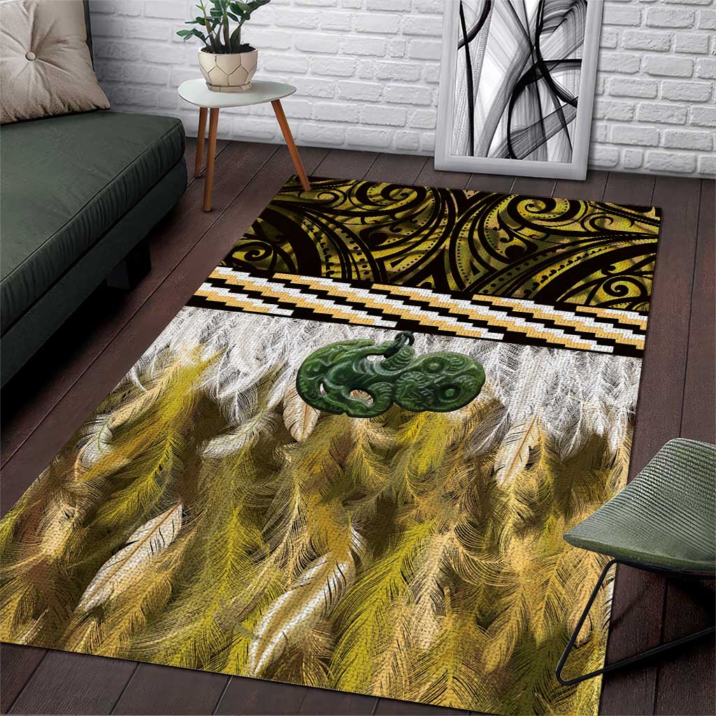 Yellow Traditional Cloak Aotearoa Area Rug Maori Paua Shell Korowai Pattern