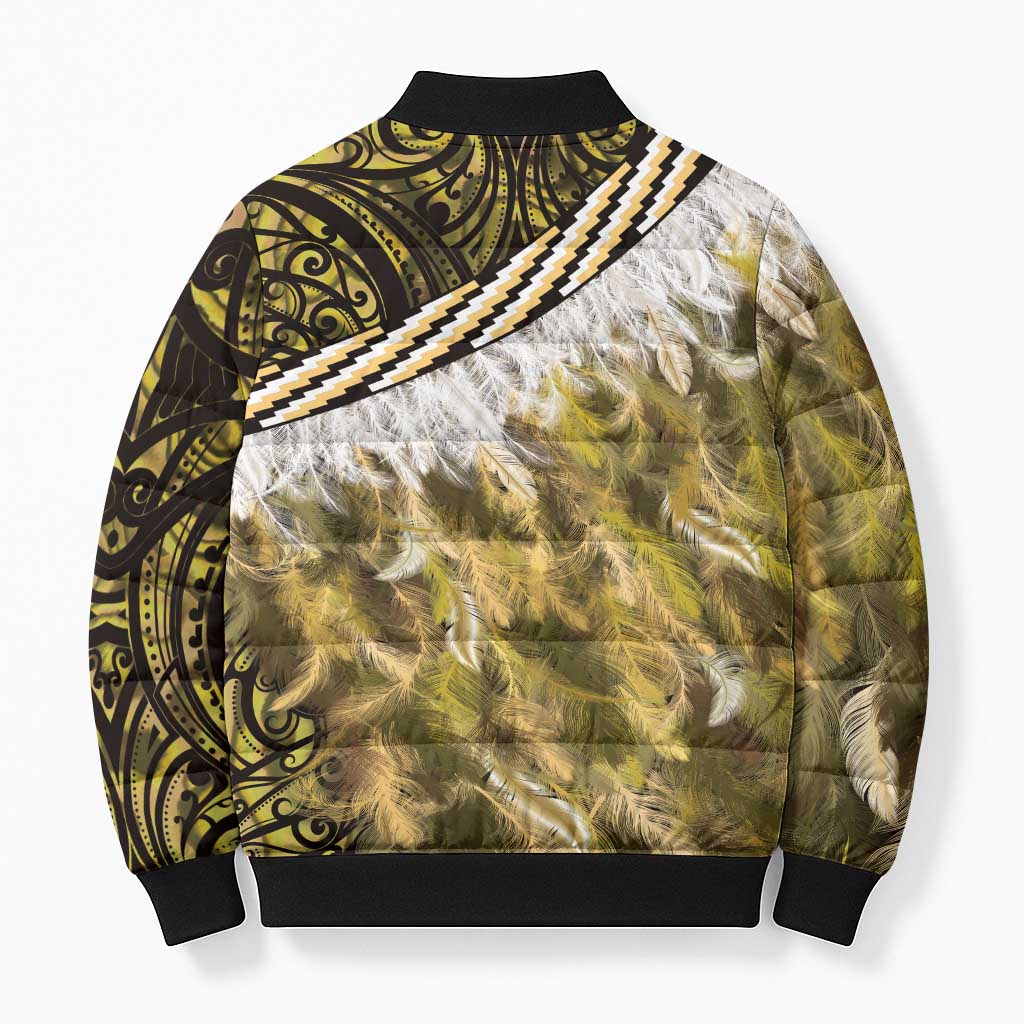 Yellow Traditional Cloak Aotearoa Bomber Puffer Jacket Maori Paua Shell Korowai Pattern - Polynesian Pride