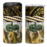 Yellow Traditional Cloak Aotearoa 4 in 1 Can Cooler Tumbler Maori Paua Shell Korowai Pattern