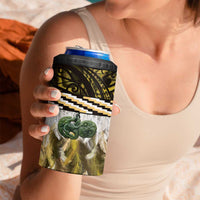 Yellow Traditional Cloak Aotearoa 4 in 1 Can Cooler Tumbler Maori Paua Shell Korowai Pattern