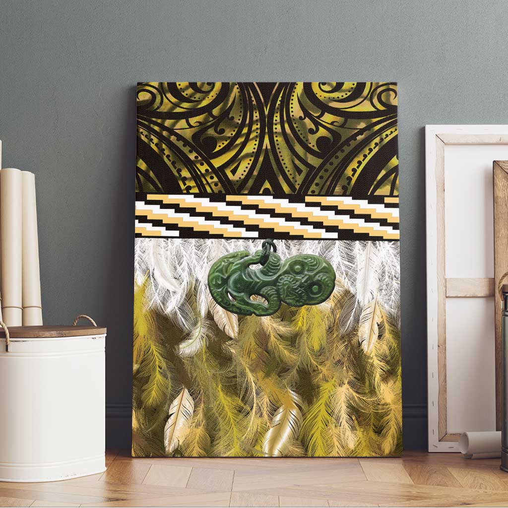 Yellow Traditional Cloak Aotearoa Canvas Wall Art Maori Paua Shell Korowai Pattern