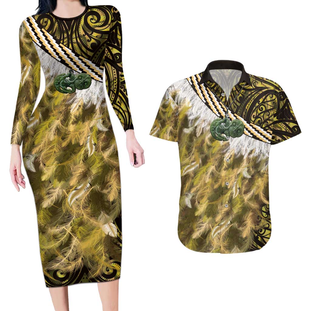 Yellow Traditional Cloak Aotearoa Couples Matching Long Sleeve Bodycon Dress and Hawaiian Shirt Maori Paua Shell Korowai Pattern