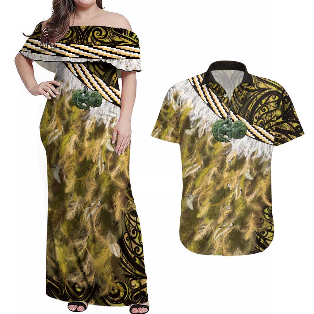 Yellow Traditional Cloak Aotearoa Couples Matching Off Shoulder Maxi Dress and Hawaiian Shirt Maori Paua Shell Korowai Pattern