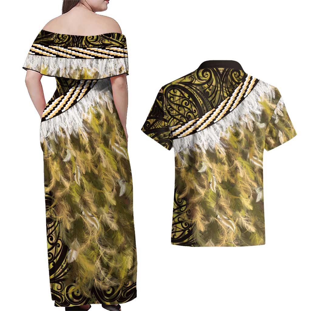 Yellow Traditional Cloak Aotearoa Couples Matching Off Shoulder Maxi Dress and Hawaiian Shirt Maori Paua Shell Korowai Pattern