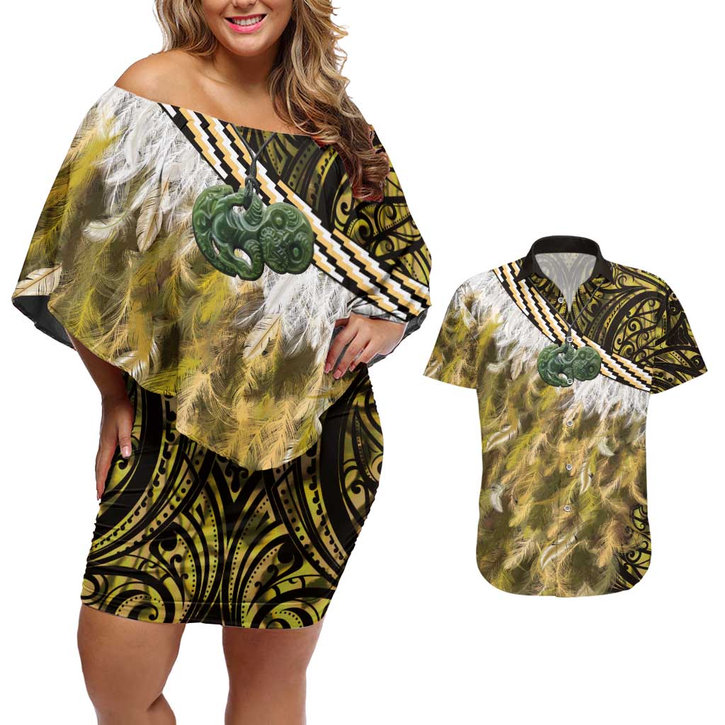 Yellow Traditional Cloak Aotearoa Couples Matching Off Shoulder Short Dress and Hawaiian Shirt Maori Paua Shell Korowai Pattern