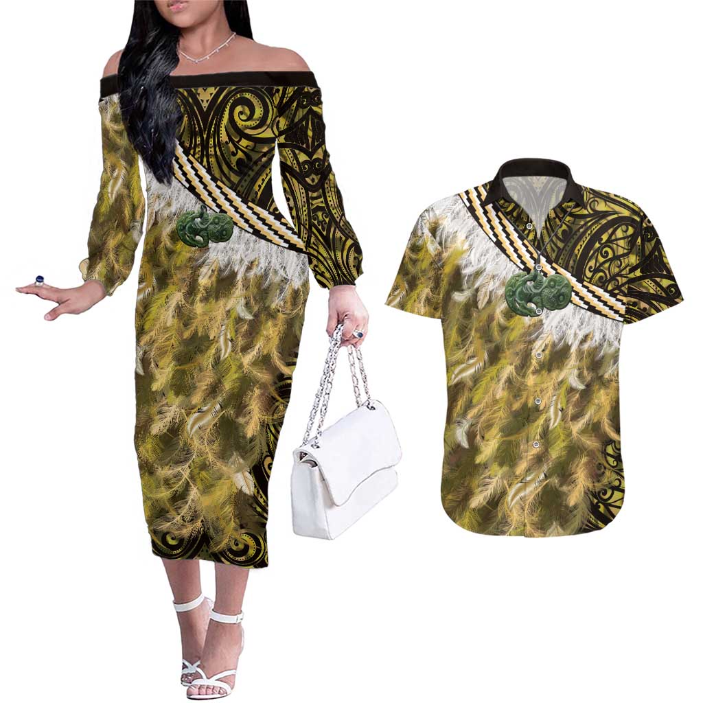 Yellow Traditional Cloak Aotearoa Couples Matching Off The Shoulder Long Sleeve Dress and Hawaiian Shirt Maori Paua Shell Korowai Pattern