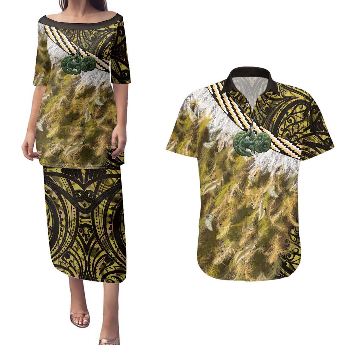 Yellow Traditional Cloak Aotearoa Couples Matching Puletasi and Hawaiian Shirt Maori Paua Shell Korowai Pattern