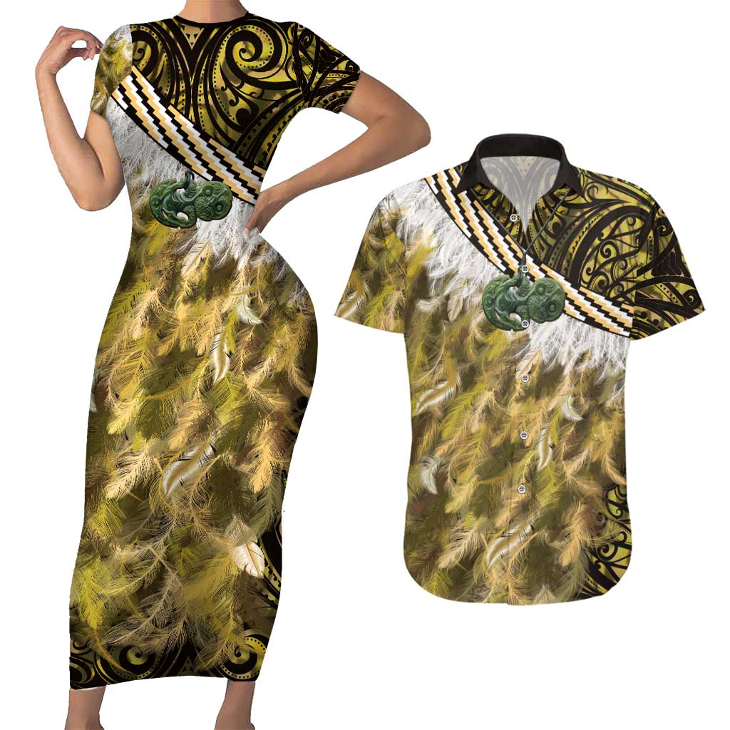 Yellow Traditional Cloak Aotearoa Couples Matching Short Sleeve Bodycon Dress and Hawaiian Shirt Maori Paua Shell Korowai Pattern