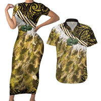 Yellow Traditional Cloak Aotearoa Couples Matching Short Sleeve Bodycon Dress and Hawaiian Shirt Maori Paua Shell Korowai Pattern