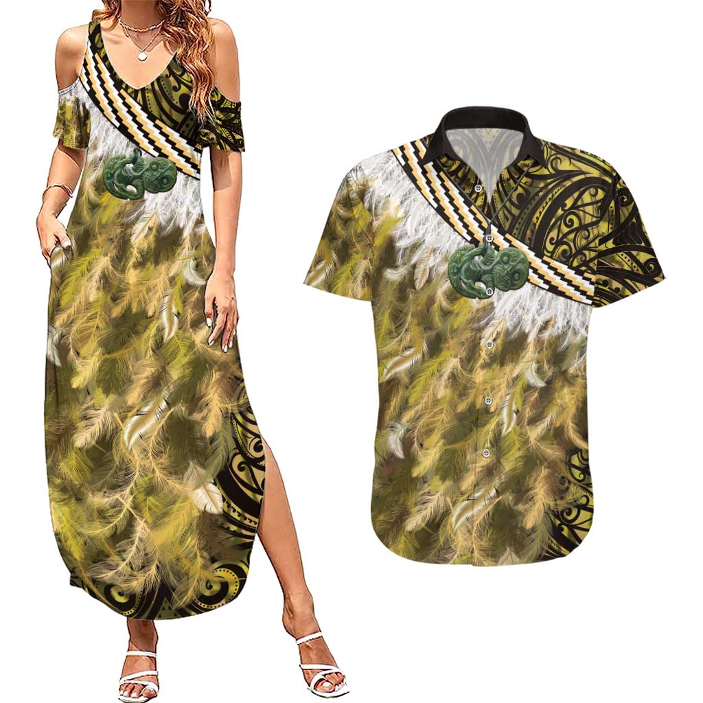 Yellow Traditional Cloak Aotearoa Couples Matching Summer Maxi Dress and Hawaiian Shirt Maori Paua Shell Korowai Pattern