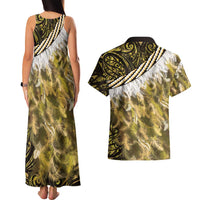 Yellow Traditional Cloak Aotearoa Couples Matching Tank Maxi Dress and Hawaiian Shirt Maori Paua Shell Korowai Pattern