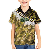 Yellow Traditional Cloak Aotearoa Family Matching Long Sleeve Bodycon Dress and Hawaiian Shirt Maori Paua Shell Korowai Pattern