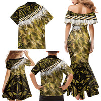 Yellow Traditional Cloak Aotearoa Family Matching Mermaid Dress and Hawaiian Shirt Maori Paua Shell Korowai Pattern