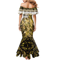 Yellow Traditional Cloak Aotearoa Family Matching Mermaid Dress and Hawaiian Shirt Maori Paua Shell Korowai Pattern