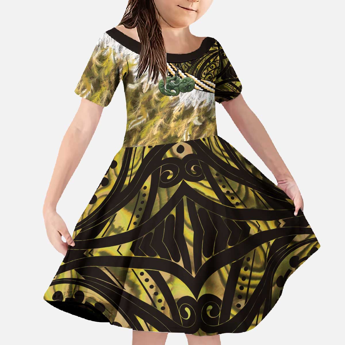 Yellow Traditional Cloak Aotearoa Family Matching Off The Shoulder Long Sleeve Dress and Hawaiian Shirt Maori Paua Shell Korowai Pattern