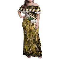 Yellow Traditional Cloak Aotearoa Family Matching Off Shoulder Maxi Dress and Hawaiian Shirt Maori Paua Shell Korowai Pattern
