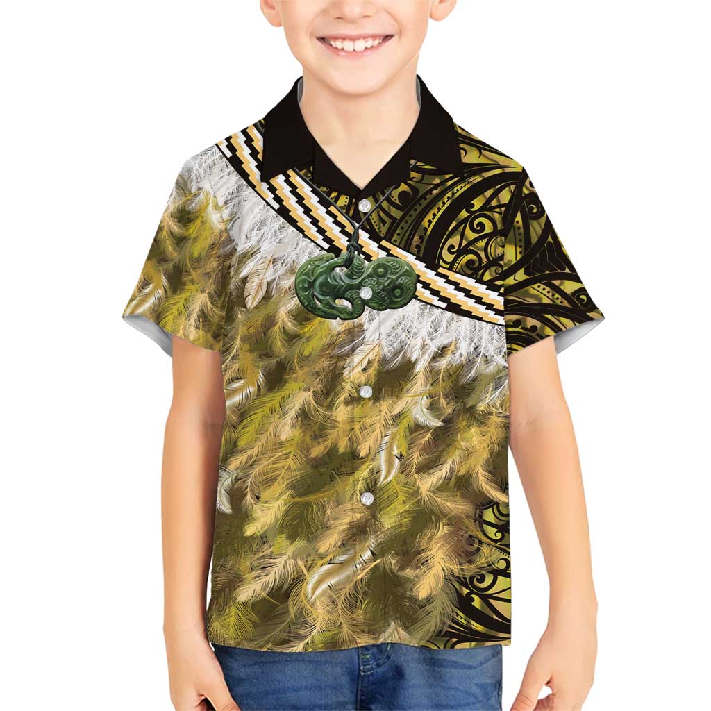 Yellow Traditional Cloak Aotearoa Family Matching Off Shoulder Short Dress and Hawaiian Shirt Maori Paua Shell Korowai Pattern