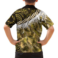 Yellow Traditional Cloak Aotearoa Family Matching Short Sleeve Bodycon Dress and Hawaiian Shirt Maori Paua Shell Korowai Pattern