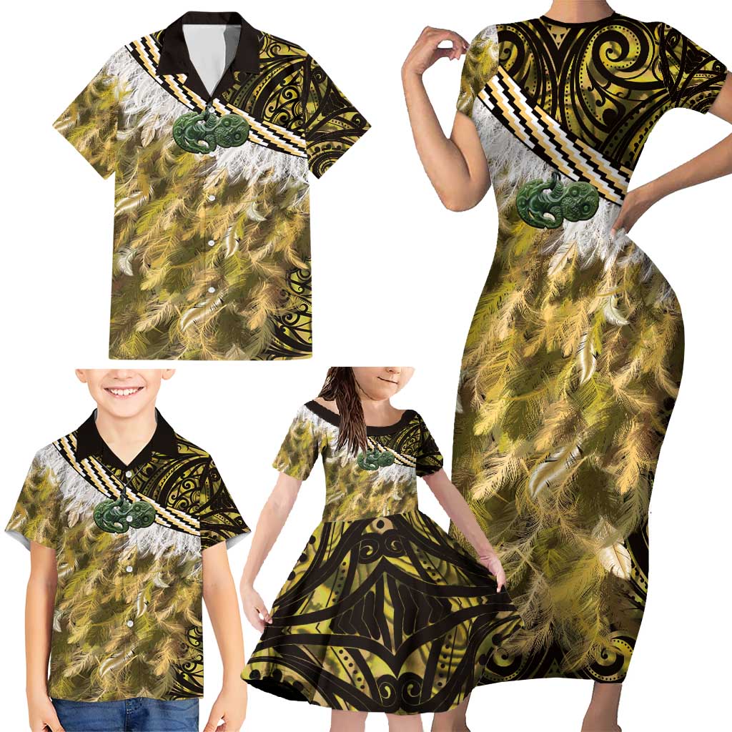 Yellow Traditional Cloak Aotearoa Family Matching Short Sleeve Bodycon Dress and Hawaiian Shirt Maori Paua Shell Korowai Pattern