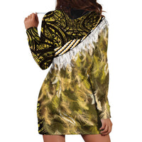 Yellow Traditional Cloak Aotearoa Hoodie Dress Maori Paua Shell Korowai Pattern