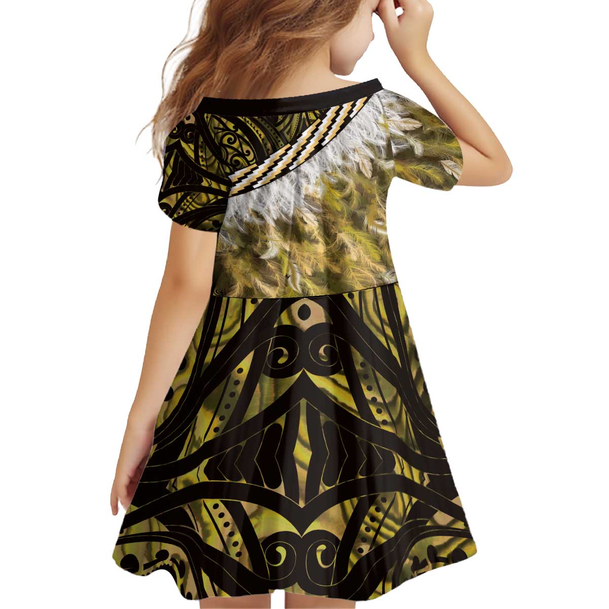 Yellow Traditional Cloak Aotearoa Kid Short Sleeve Dress Maori Paua Shell Korowai Pattern LT14 - Polynesian Pride