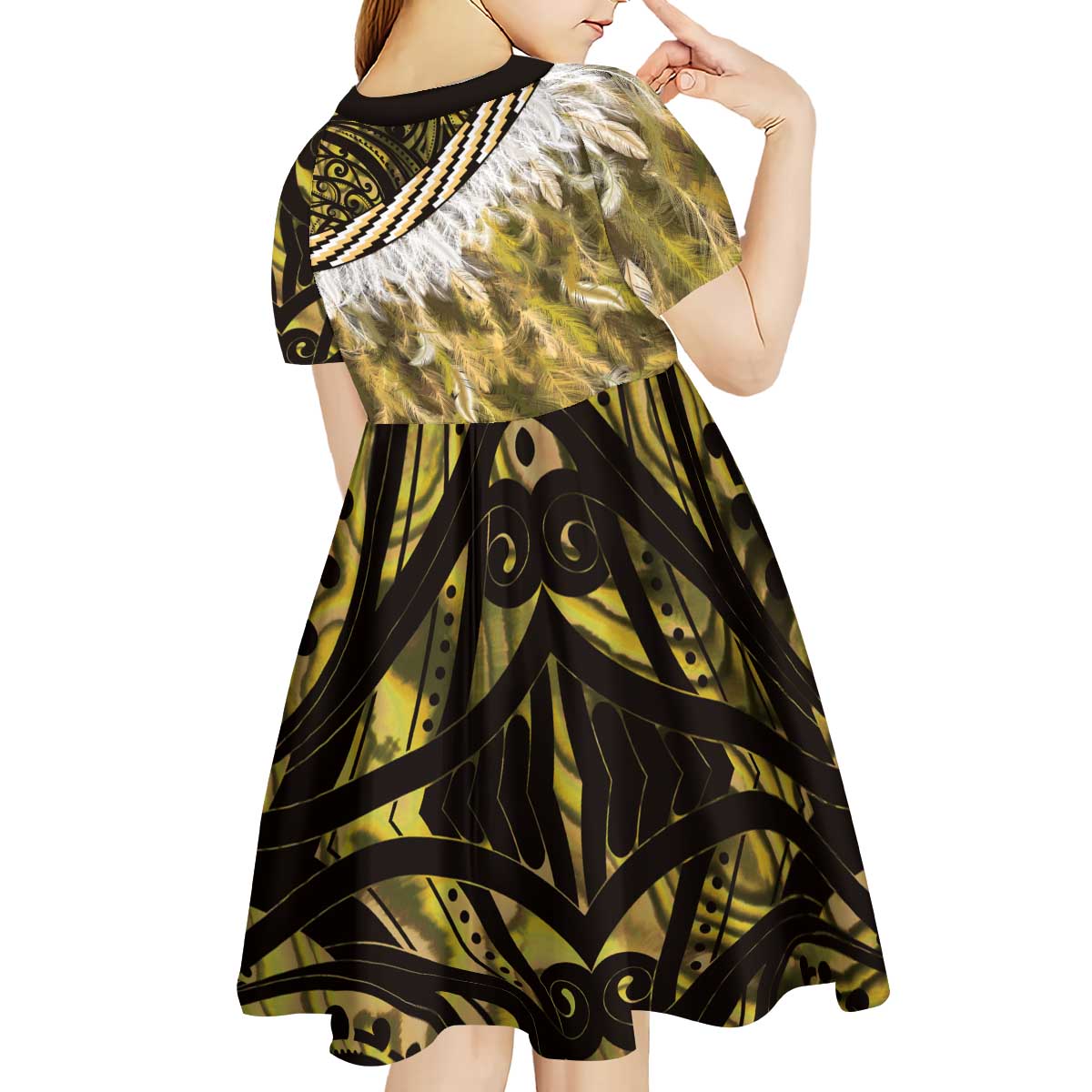 Yellow Traditional Cloak Aotearoa Kid Short Sleeve Dress Maori Paua Shell Korowai Pattern LT14 - Polynesian Pride