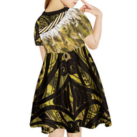 Yellow Traditional Cloak Aotearoa Kid Short Sleeve Dress Maori Paua Shell Korowai Pattern LT14 - Polynesian Pride
