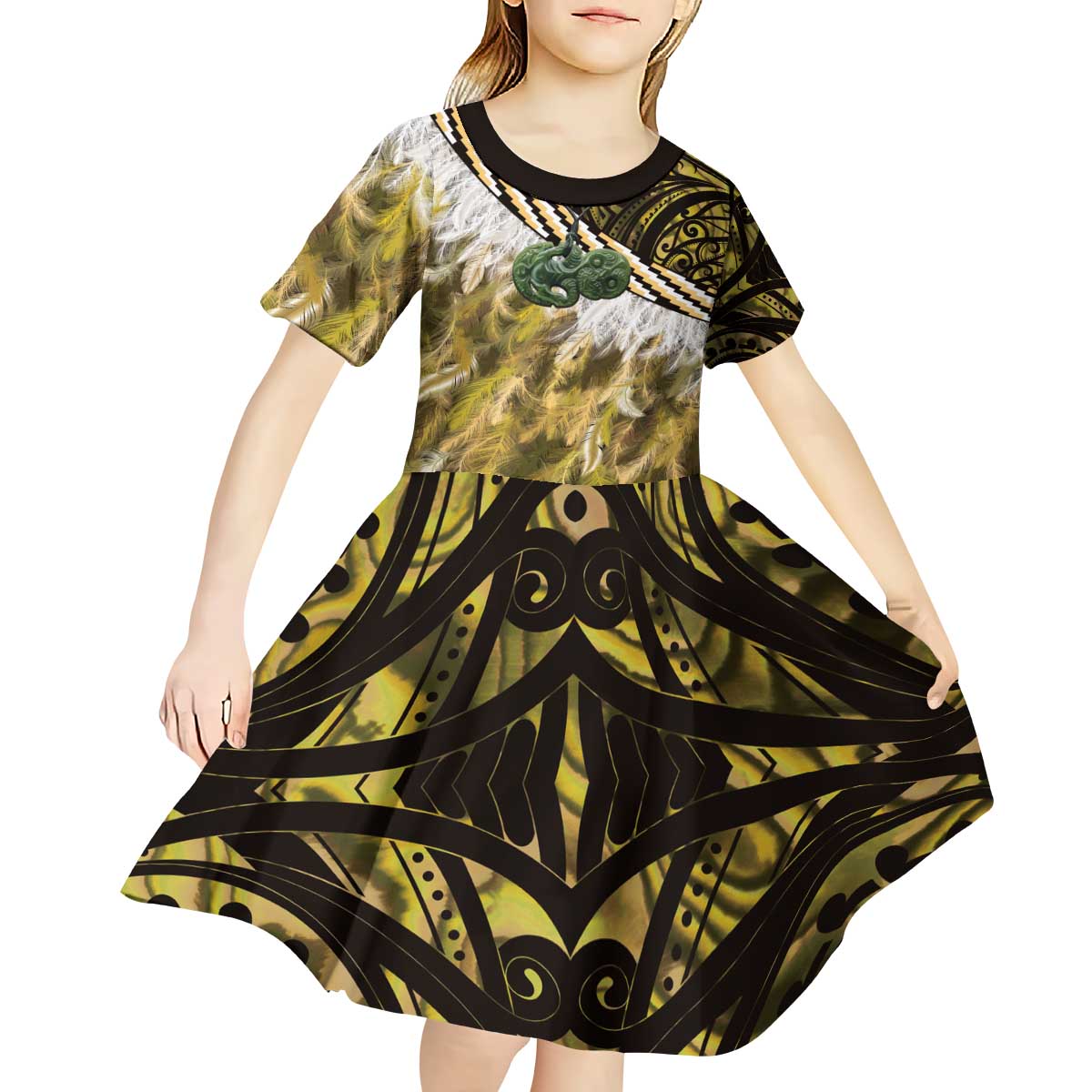 Yellow Traditional Cloak Aotearoa Kid Short Sleeve Dress Maori Paua Shell Korowai Pattern LT14 - Polynesian Pride