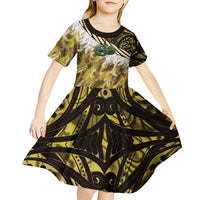 Yellow Traditional Cloak Aotearoa Kid Short Sleeve Dress Maori Paua Shell Korowai Pattern LT14 - Polynesian Pride