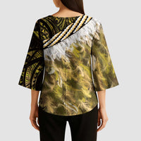 Yellow Traditional Cloak Aotearoa Kimono Sleeve Blouse Maori Paua Shell Korowai Pattern - Polynesian Pride