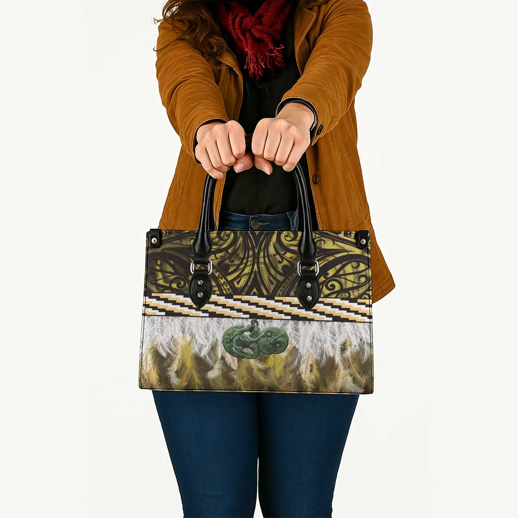 Yellow Traditional Cloak Aotearoa Leather Bag Maori Paua Shell Korowai Pattern - Polynesian Pride