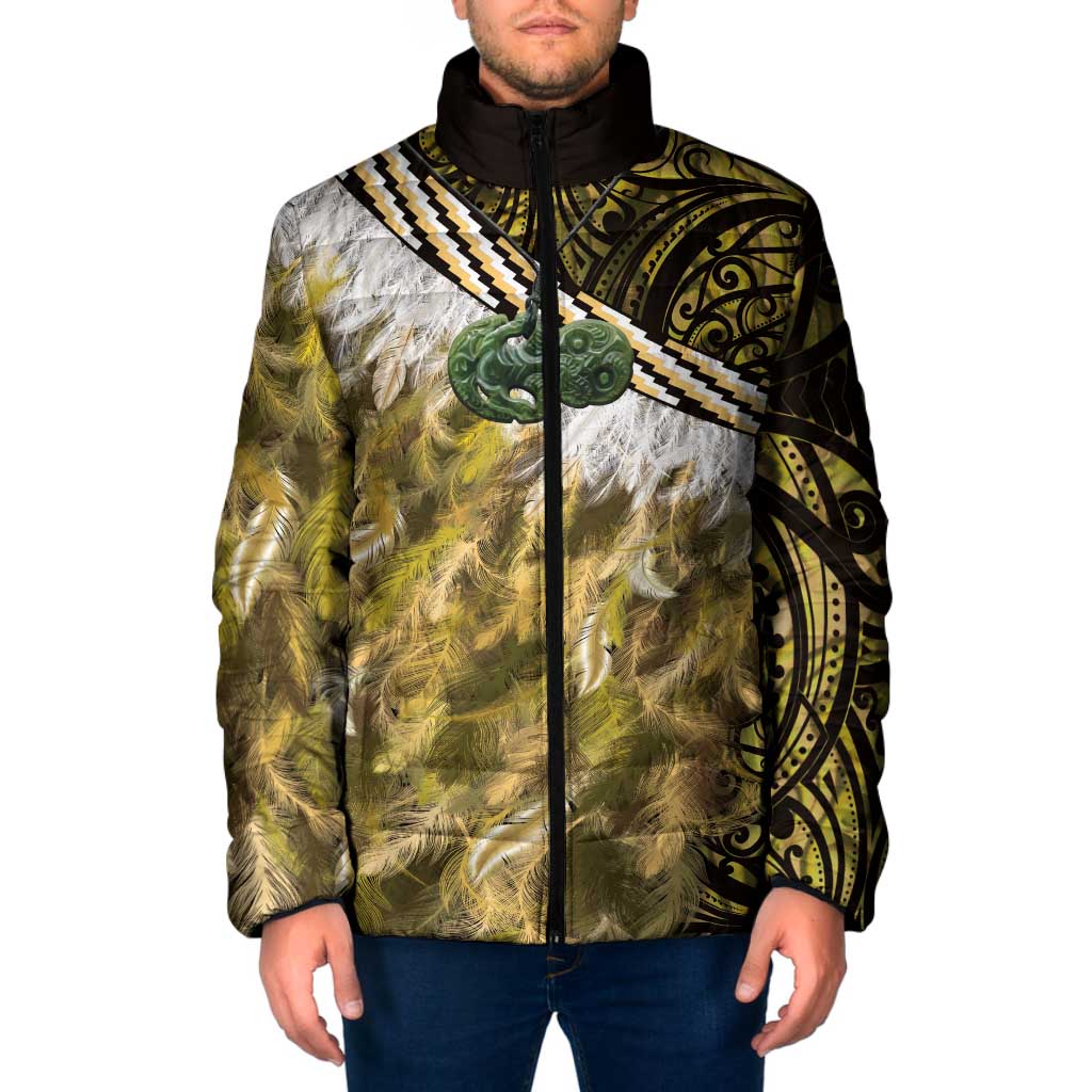 Yellow Traditional Cloak Aotearoa Padded Jacket Maori Paua Shell Korowai Pattern - Polynesian Pride