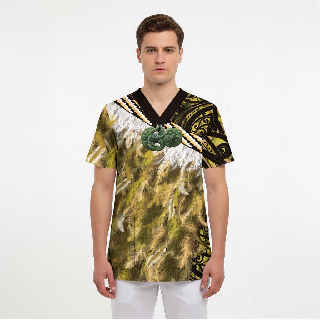 Yellow Traditional Cloak Aotearoa Scrub Top Maori Paua Shell Korowai Pattern - Polynesian Pride
