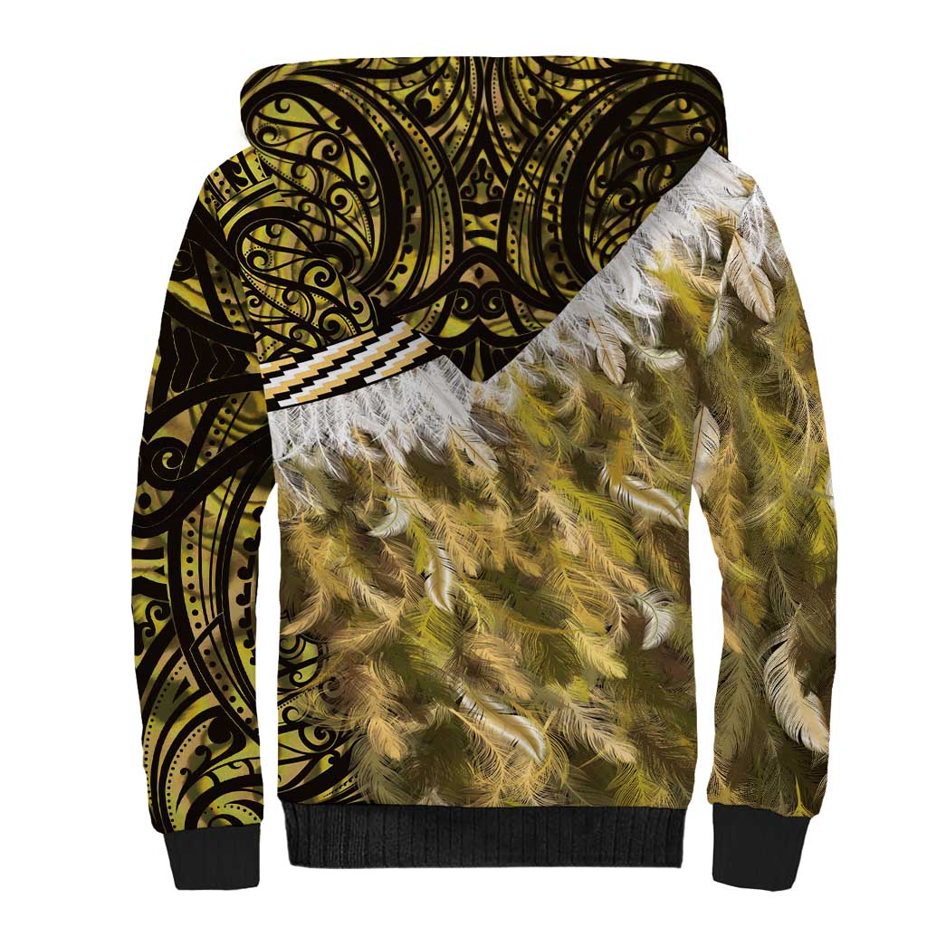 Yellow Traditional Cloak Aotearoa Sherpa Hoodie Maori Paua Shell Korowai Pattern