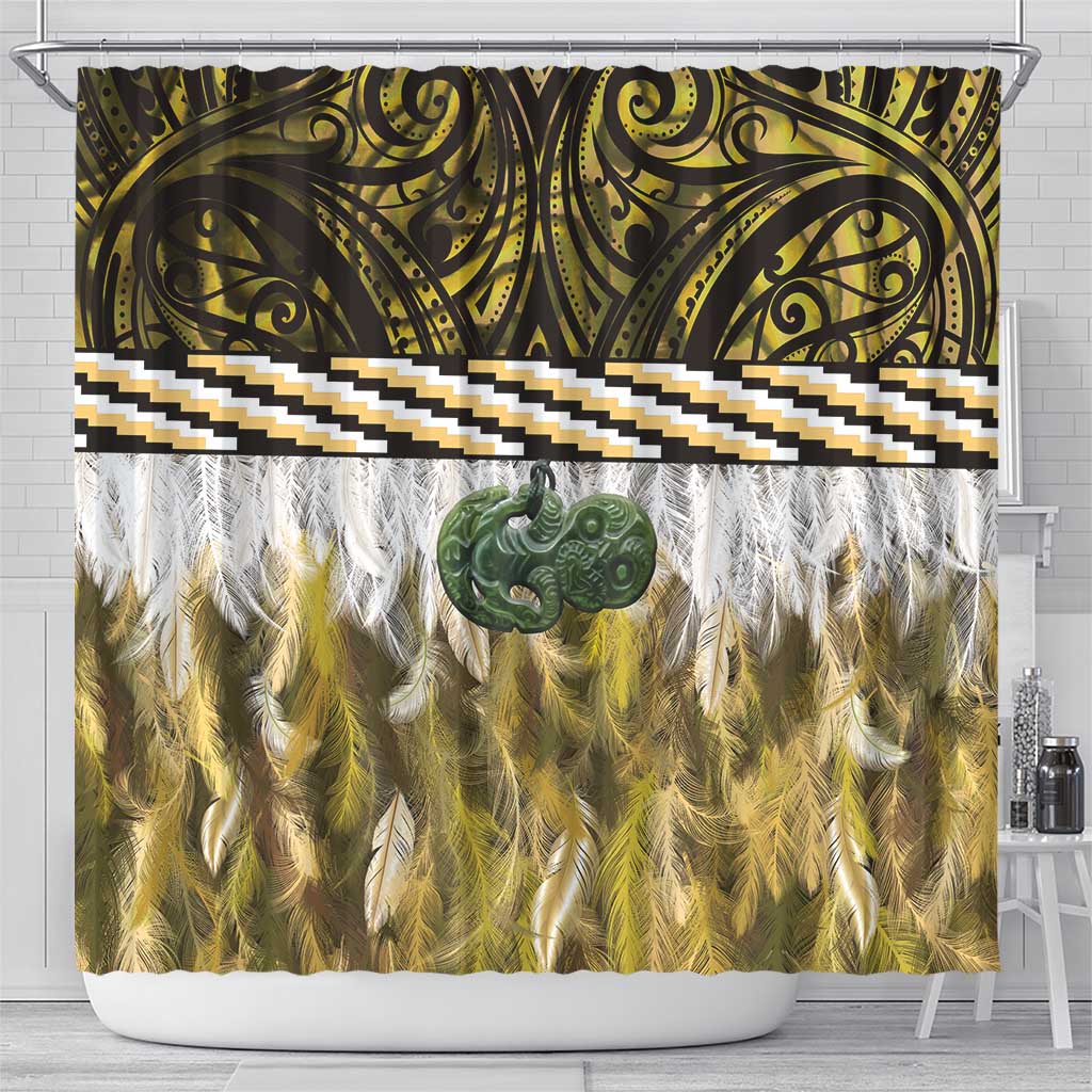 Yellow Traditional Cloak Aotearoa Shower Curtain Maori Paua Shell Korowai Pattern