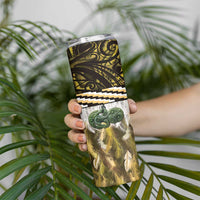 Yellow Traditional Cloak Aotearoa Skinny Tumbler Maori Paua Shell Korowai Pattern