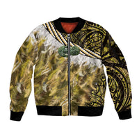 Yellow Traditional Cloak Aotearoa Sleeve Zip Bomber Jacket Maori Paua Shell Korowai Pattern