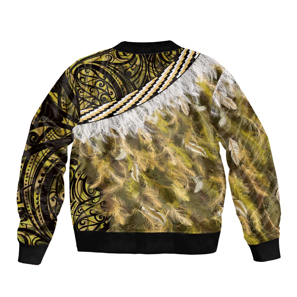 Yellow Traditional Cloak Aotearoa Sleeve Zip Bomber Jacket Maori Paua Shell Korowai Pattern