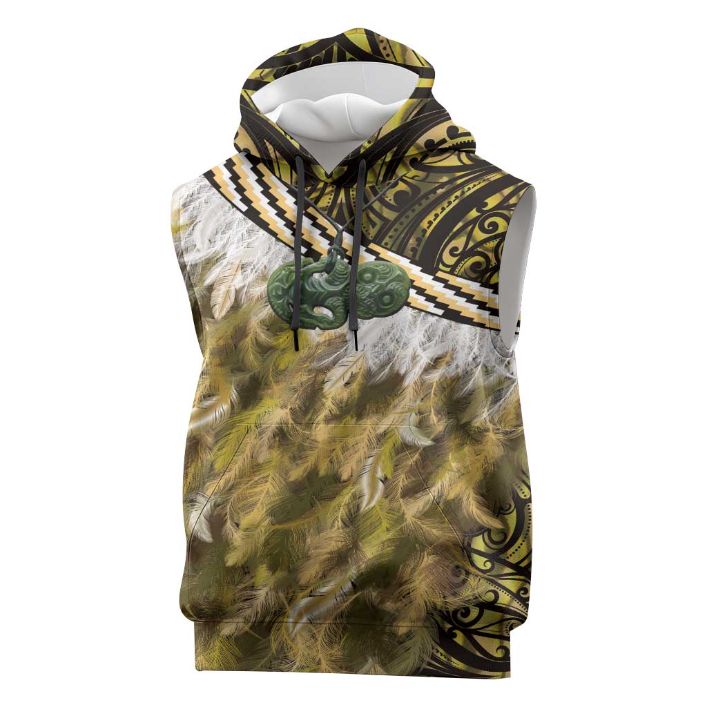 Yellow Traditional Cloak Aotearoa Sleeveless Hoodie Maori Paua Shell Korowai Pattern - Polynesian Pride