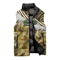 Yellow Traditional Cloak Aotearoa Sleeveless Puffer Jacket Maori Paua Shell Korowai Pattern - Polynesian Pride