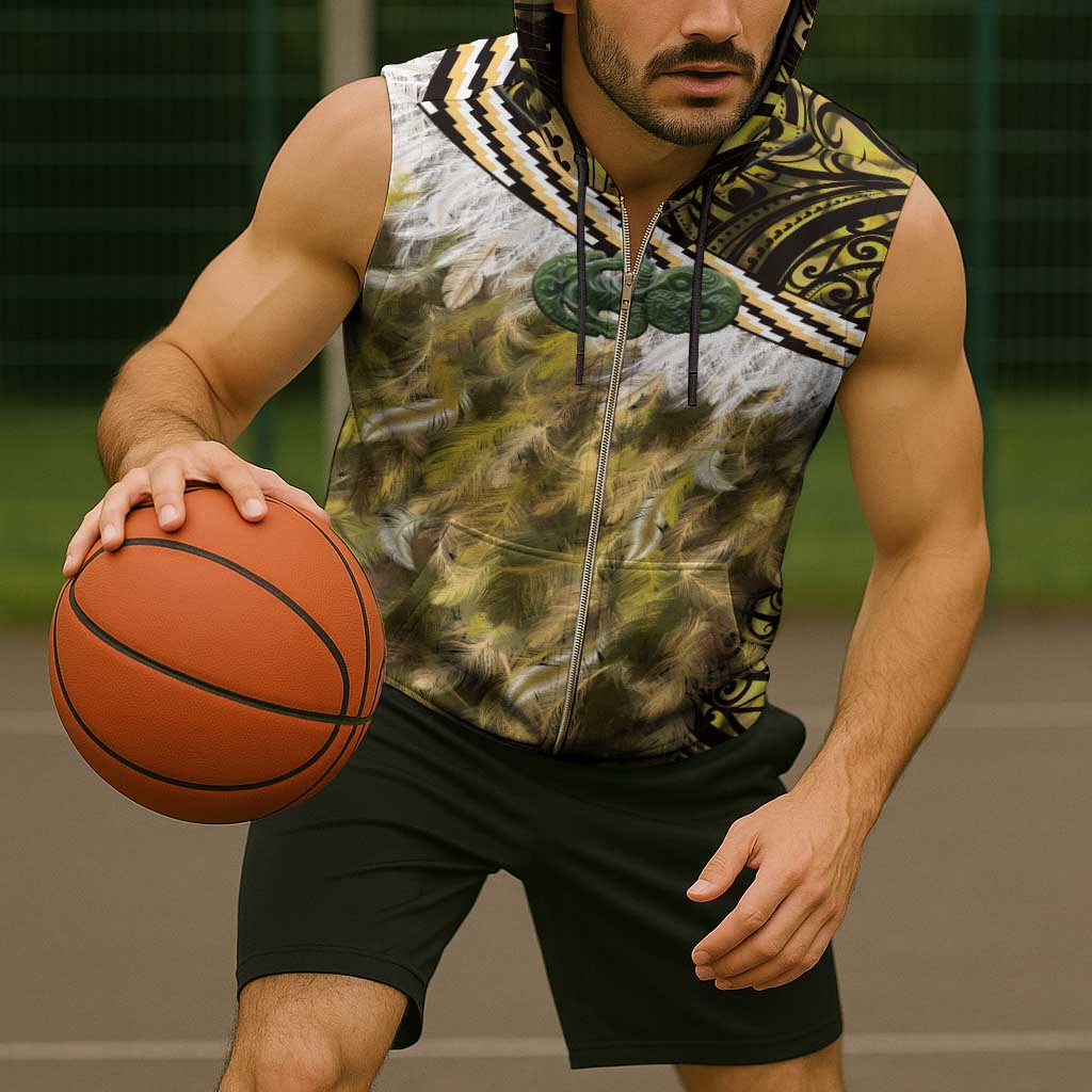 Yellow Traditional Cloak Aotearoa Sleeveless Zip Hoodie Maori Paua Shell Korowai Pattern - Polynesian Pride